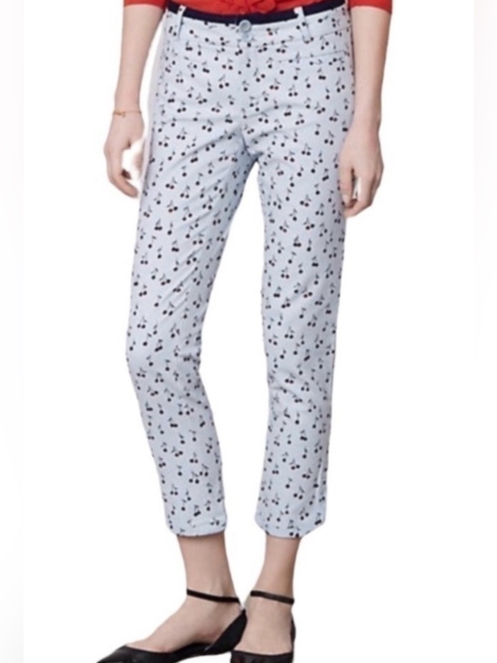 Cartonnier Anthropologie Cherry Print Cropped Pants Size 10 Blue Red Novelty
